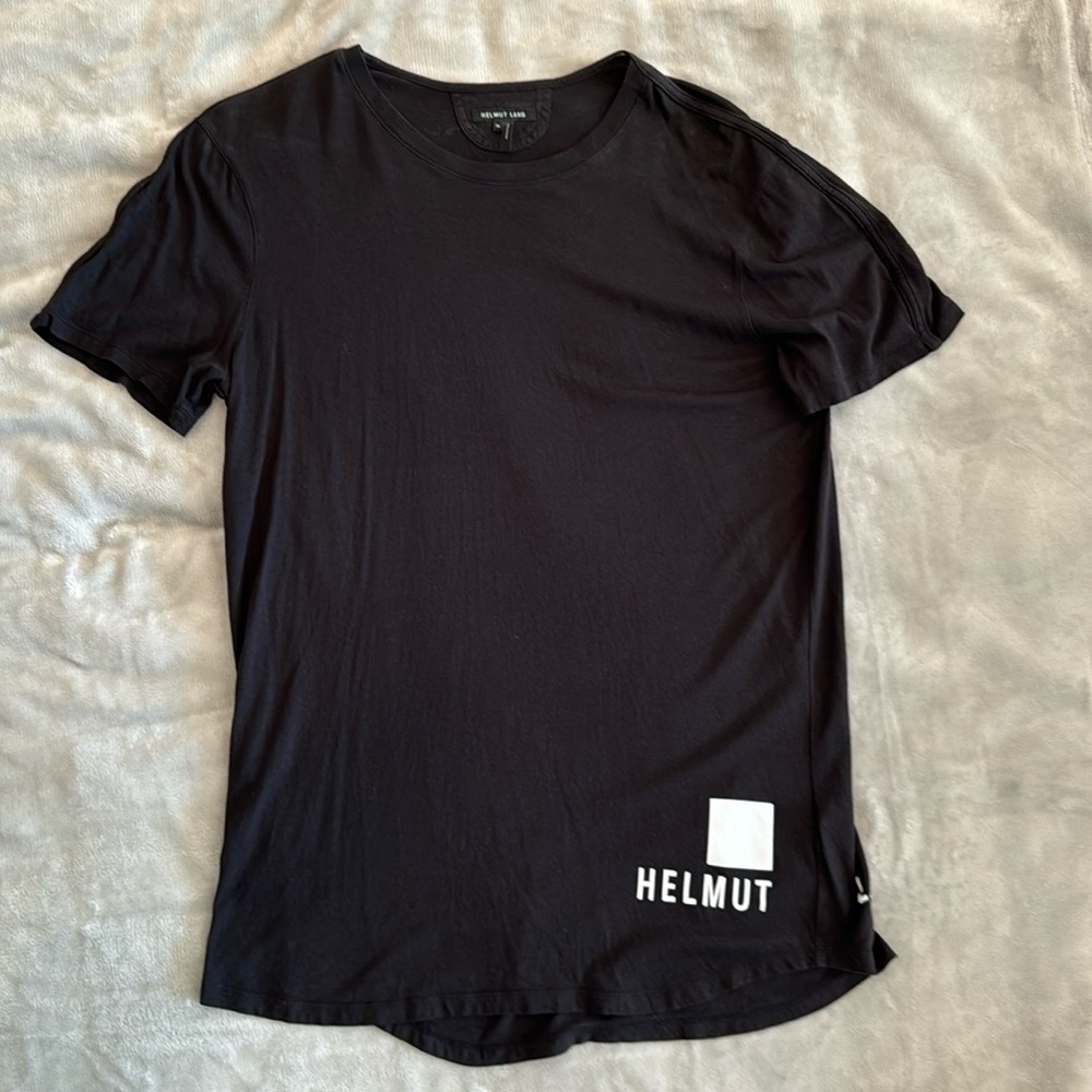 Helmut Lang. Long black t-shirt with logo at front and back along lower left